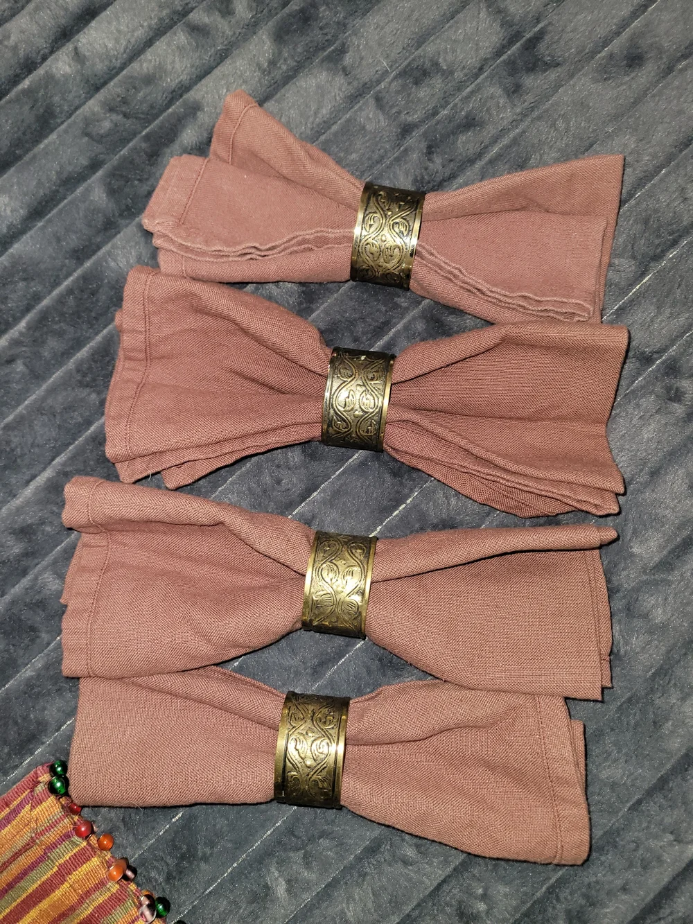 Pier 1 Rust Cloth Napkins with Striped Multicolor Beaded Runner And Napkin Rings